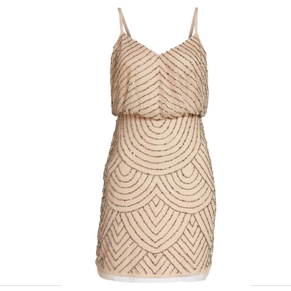 NEW Adrianna Papell Sequin Mesh‎ Blouson Dress in Taupe Pink [SZ 16 ] - Picture 9 of 10